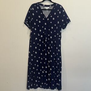 Ella Simone Midi Dress Navy Blue Floral Short Sleeve Rayon Spandex V-Neck XL